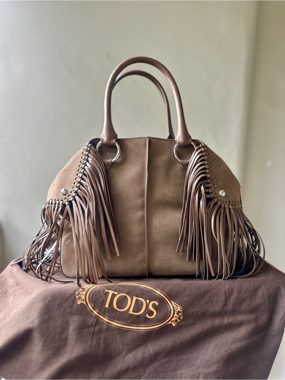 TOD’S Large Fringe Cape Bag Suede Leather Satchel Brown - Picture 4 of 14